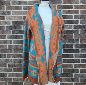 Rock & Roll Cowgirl Teal & Orange Aztec Open Front Cardigan